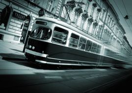 Black and white photo of the moving Tram in Krakow