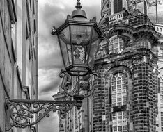Black and white photo of lantern on a street