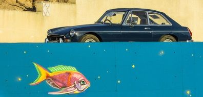 Old Car and Fish Fantasy Graffiti drawing