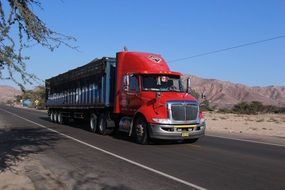 red truck on the asphalt road on a sunny day