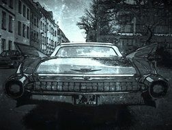 rear view of a vintage car in black and white image