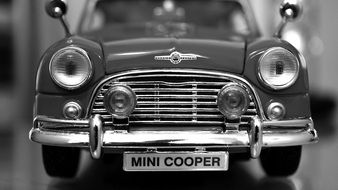 Black and white photo of Mini cooper car model