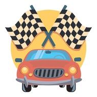 painted race car and two racing flags