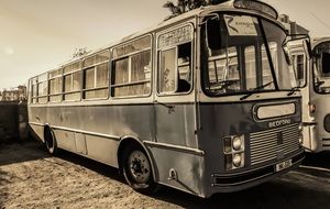 old buses in monochrome image