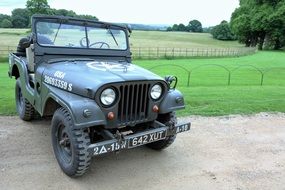 retro military Willys Jeep automobile and green grass lawn