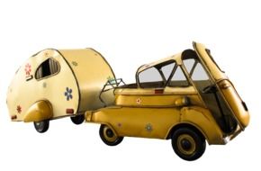 old vintage car with caravan