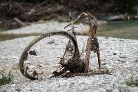 broken rusty bike on ground