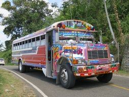 colorful school bus rides on the road