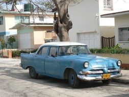 retro blue car with white roof in Cuba