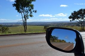 Reflection of the road in the rearview mirror