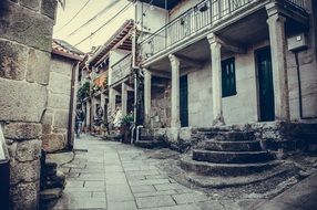 Panorama of an old street in Galicia, Spain