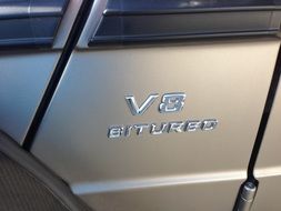 V8 Bi Turbo, lettering on side of grey Auto