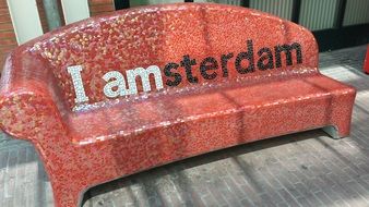 "I Am Amsterdam" sign on the bench