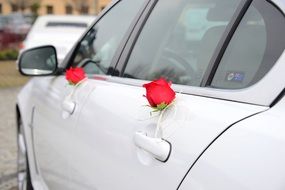 red flowers on a wedding car