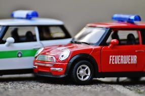 police and fire engines as miniature models