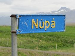 Road sign with the inscription Nupa in Iceland