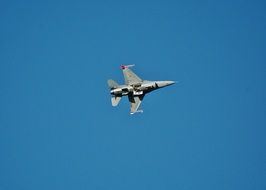 military plane flies in the blue sky