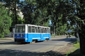 blue and white tramway in Novosibirsk, Russia
