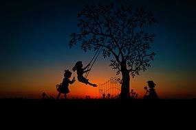 children swing on the swing at sunset drawing