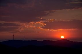 distant view of the sunset sun on the horizon