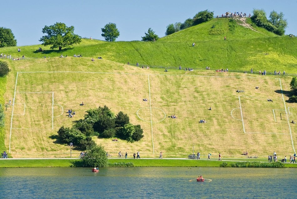 sloping football fields on a slope in an olympic park in Munich