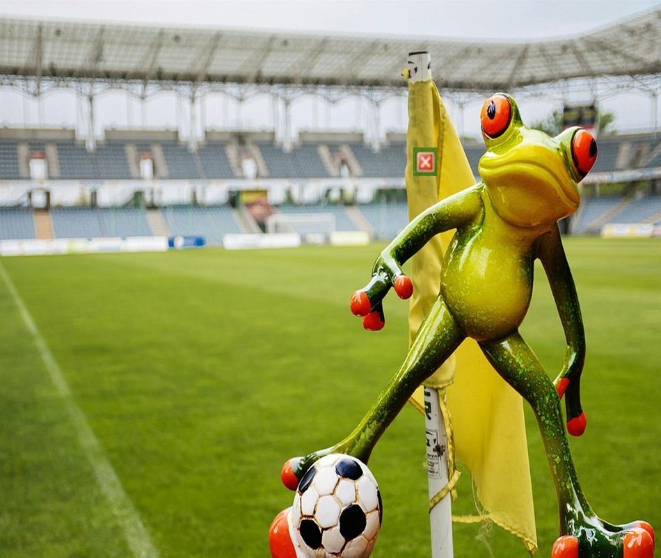 Statuette of frog playing football