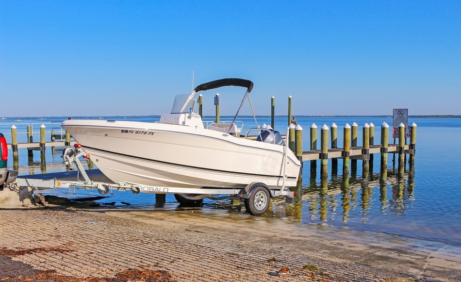 boat on wheels near the water