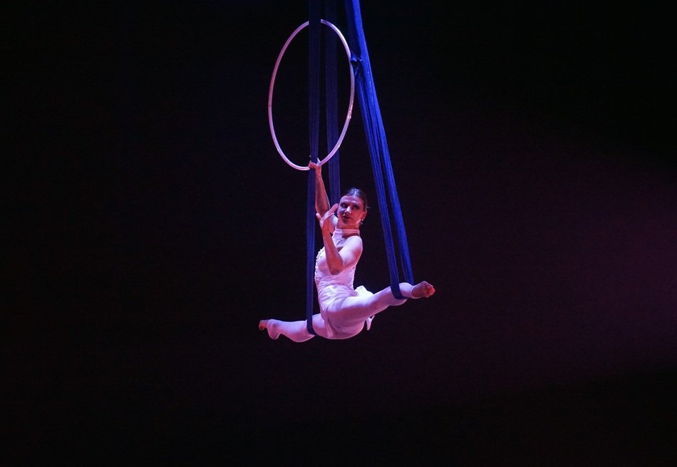 acrobat in the air with a ring in a circus