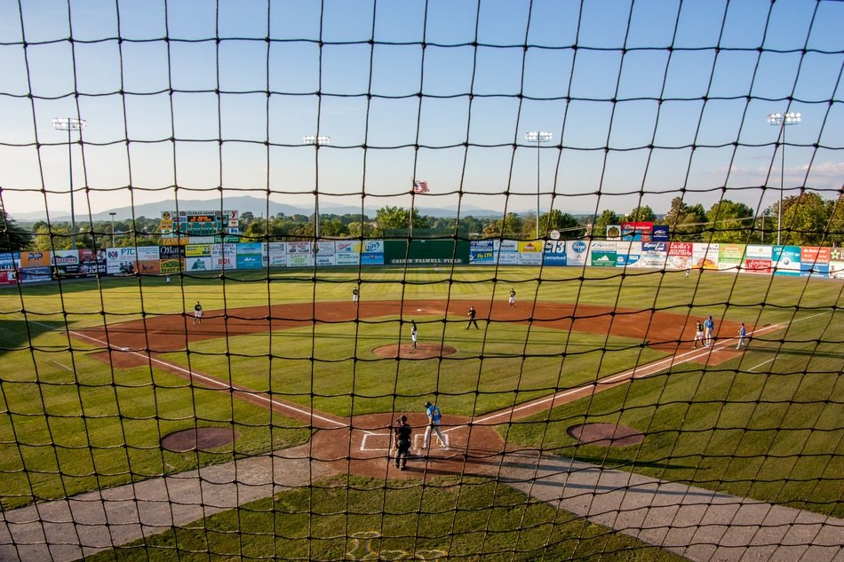 view through the net on a baseball field