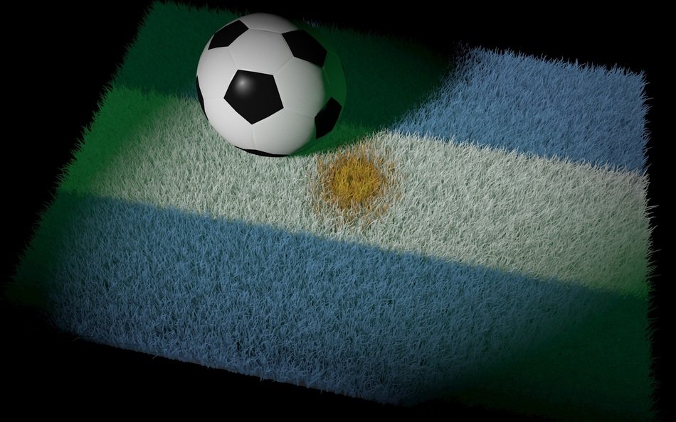 Black and white ball on the carpet with flag of Argentina