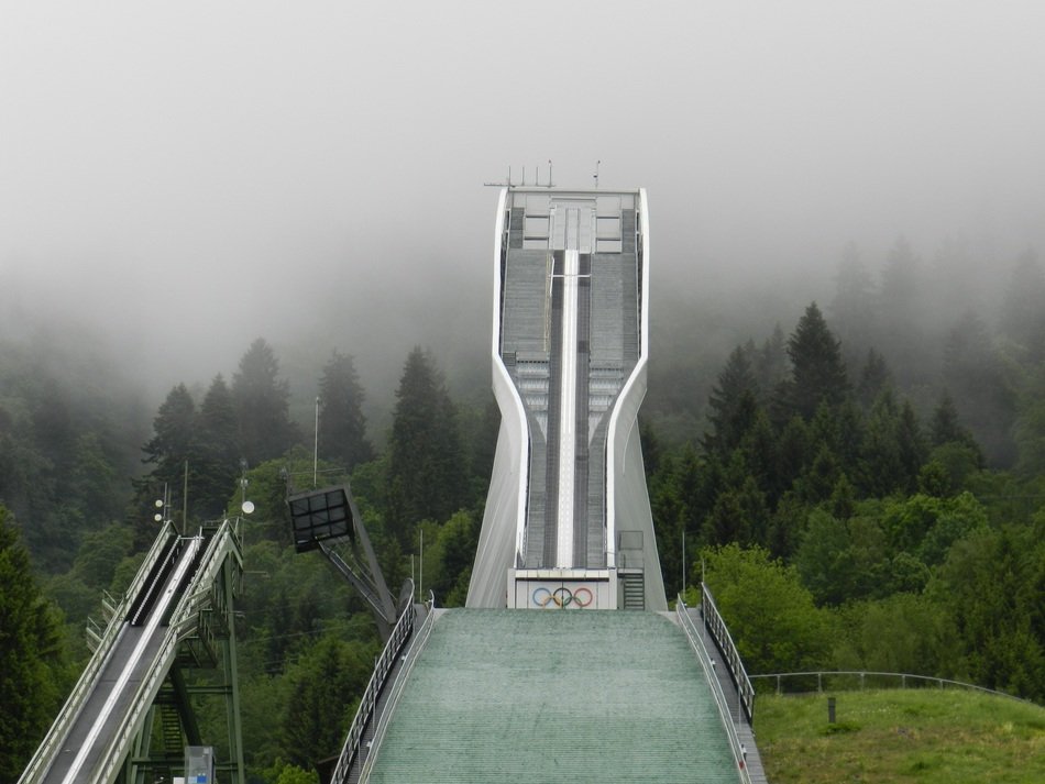 panoramic view of a springboard in bavaria in fog