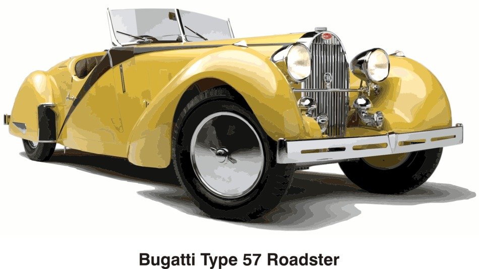 Yellow Bugatti Type 57 roadster on white background