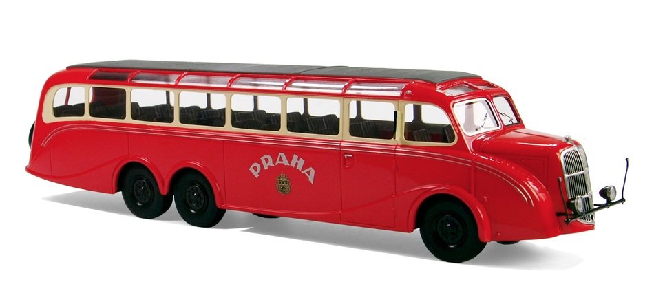 red retro bus in Prague on white background