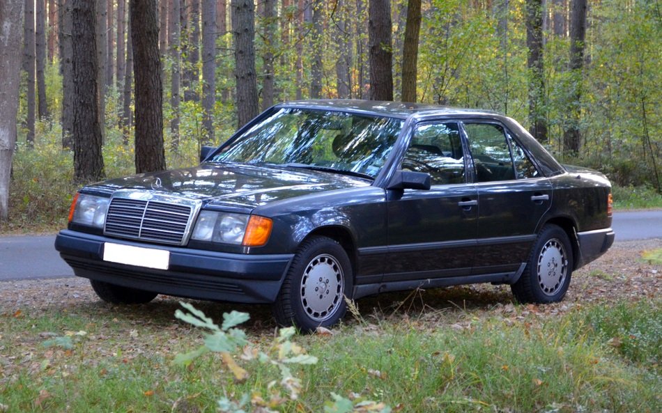 Old beautiful vintage Mercedes on the landscape