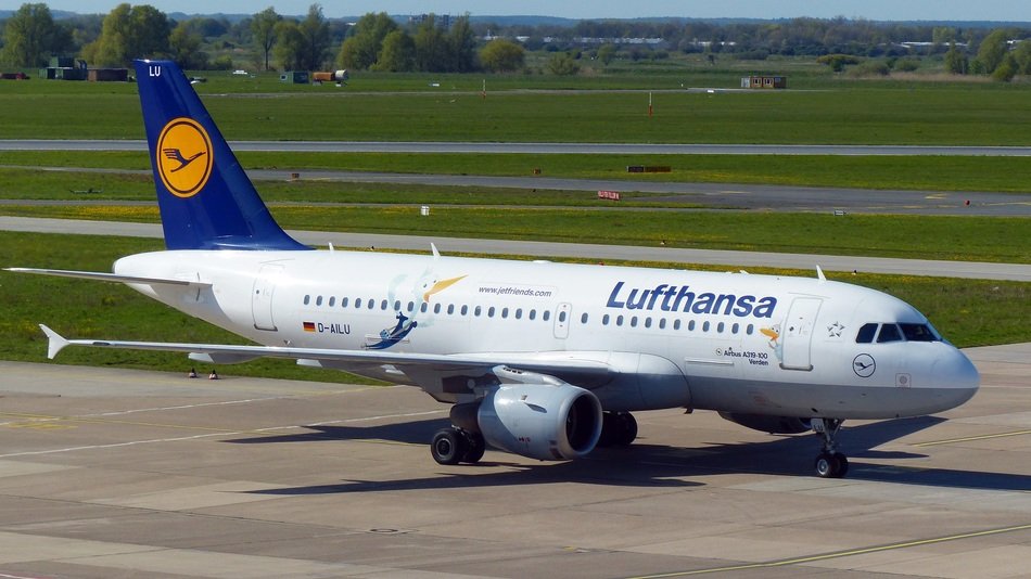 plane of the airline Lufthansa on the runway