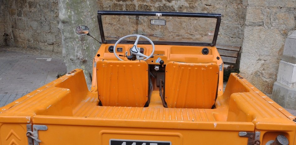 orange jeep convertible Citroen Mehari