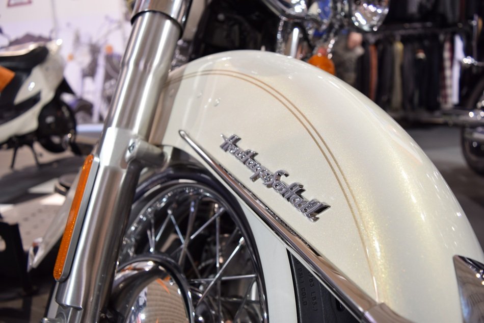 brand badge 'harley davidson' on a motorcycle close-up