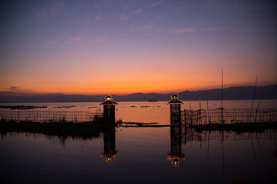 Landscape of Inle Lake at the sunset