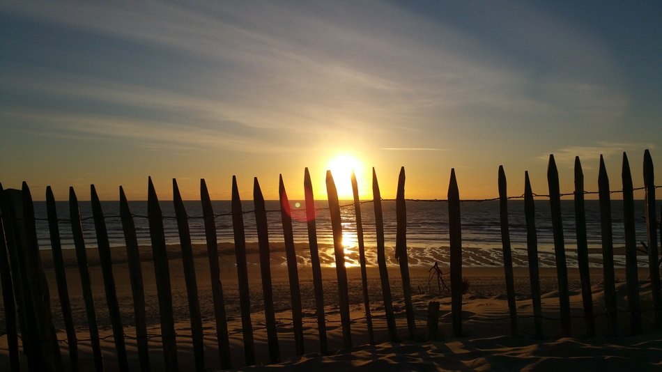 fence along the ocean at sunset