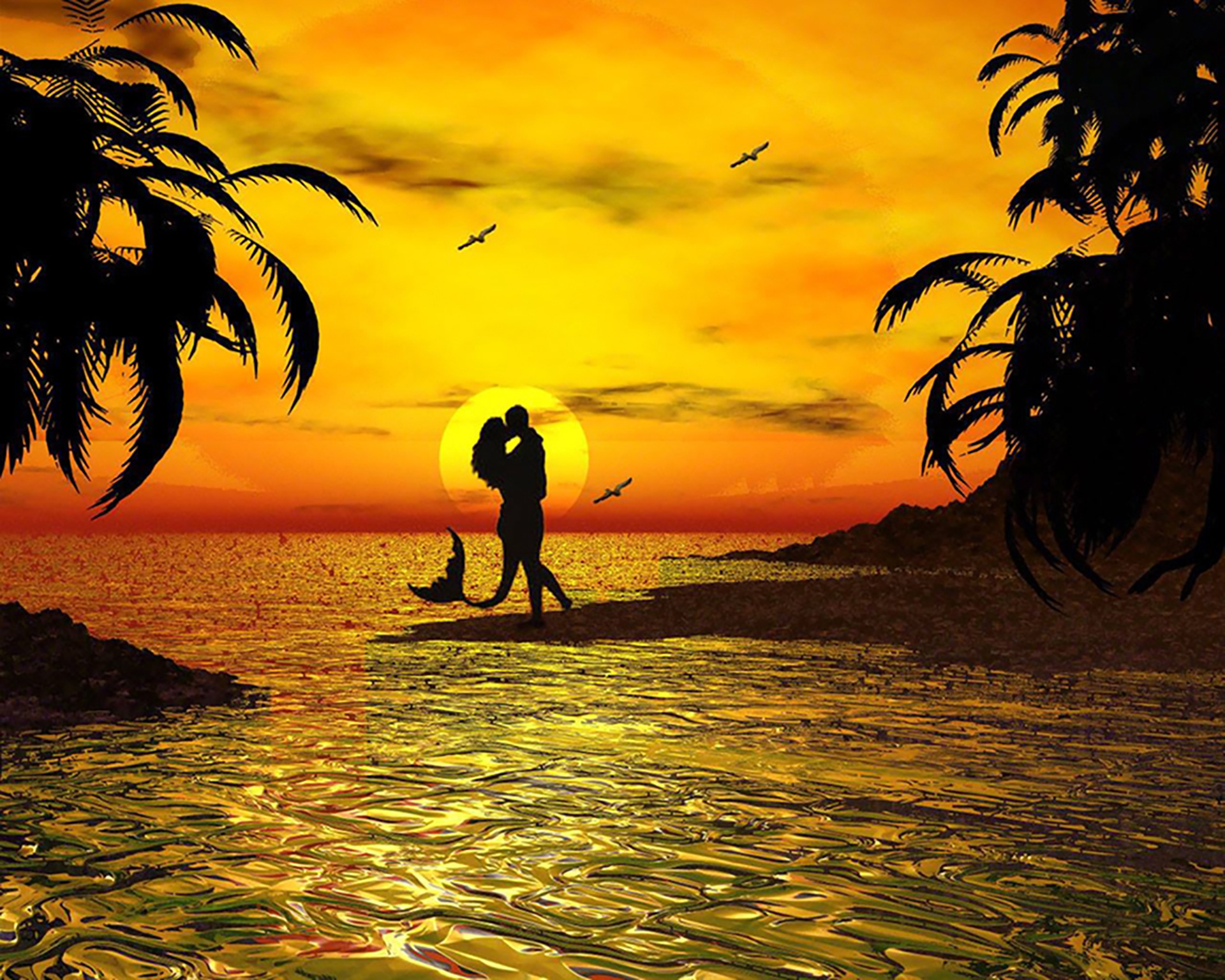 Kissing Couple On A Beach Drawing Free Image