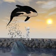 whale jumps on a figure of a human 3D drawing