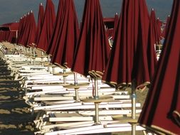 dark red parasols on a Mediterranean beach