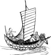 people in traditional Korean sailing Boat, vintage drawing