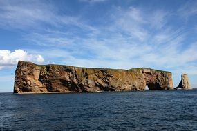 distant view of the rocky coast of Gaspesie Island at blue sky with white clouds