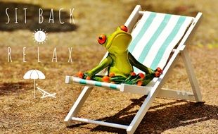 ceramic frog on a striped sunbed