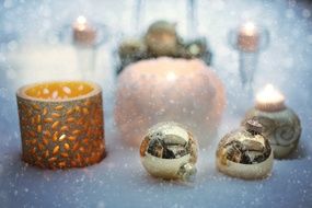 Snowy Winter Still Life with Christmas decorations