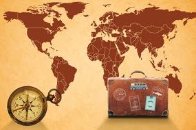 Map Of The World and compass, luggage drawing