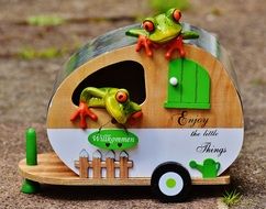 green frogs in a travel trolley