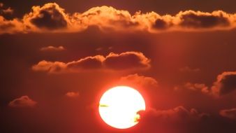 big bright sun in the red sky over Ayia Napa, Cyprus