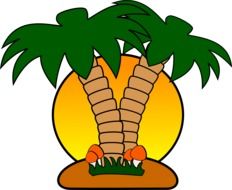 drawn two palm trees and mushrooms on a background of the sun